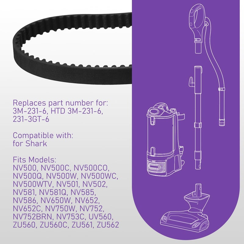 HASME 3M-231-6 Belt Repalcement for Shark Fits for NV500 NV500C NV500CO NV500Q UV540 UV500WM UV541CCO UV550 Series Lift-Away Vacuums Replaces 231-3GT-6 or HTD 231-3M, 2-Pack - Image 2